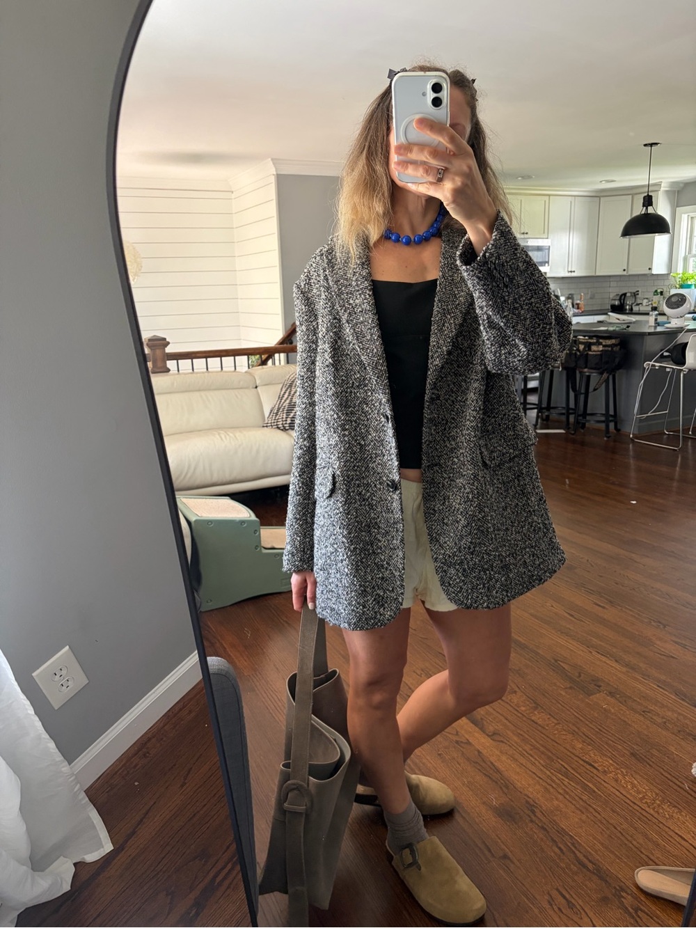 Women's Black and Gray Tweed Coat